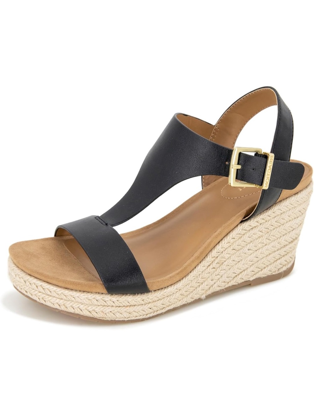 Reaction Kenneth Cole Black Espadrille Wedge Sandals with Gold Buckle